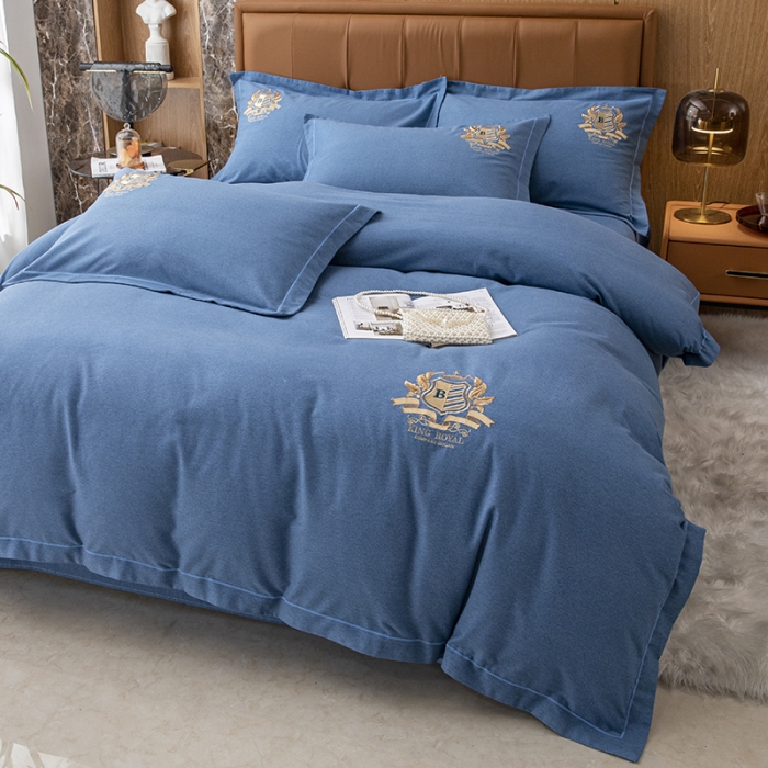 91家纺网 家纺一手货源 找家纺 纽缦 2022新款纯棉磨毛刺绣床单款四件套 满朝欢-宝石蓝