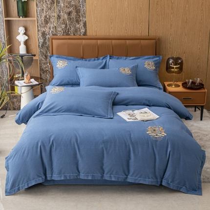 纽缦 2022新款纯棉磨毛刺绣床单款四件套 满朝欢-宝石蓝