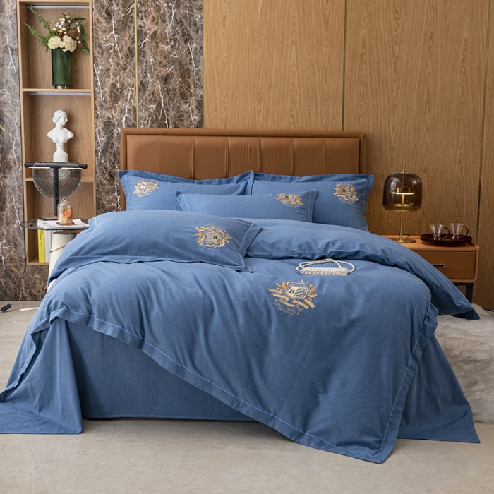 91家纺网 家纺一手货源 找家纺 纽缦 2022新款纯棉磨毛刺绣床单款四件套 满朝欢-宝石蓝