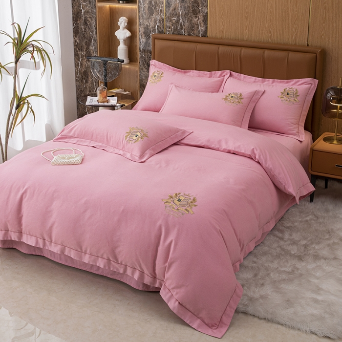 91家纺网 家纺一手货源 找家纺 纽缦 2022新款纯棉磨毛刺绣床单款四件套 满朝欢-豆沙粉