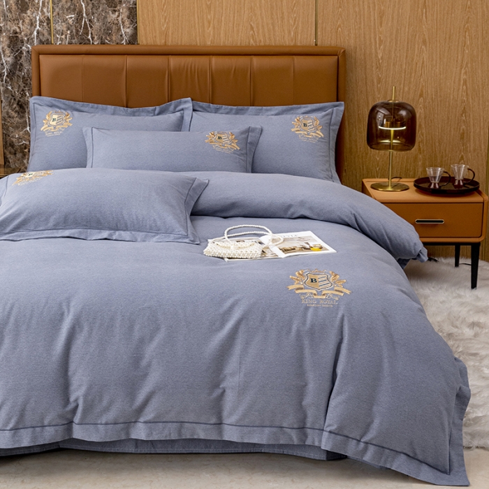 91家纺网 家纺一手货源 找家纺 纽缦 2022新款纯棉磨毛刺绣床单款四件套 满朝欢-高级灰
