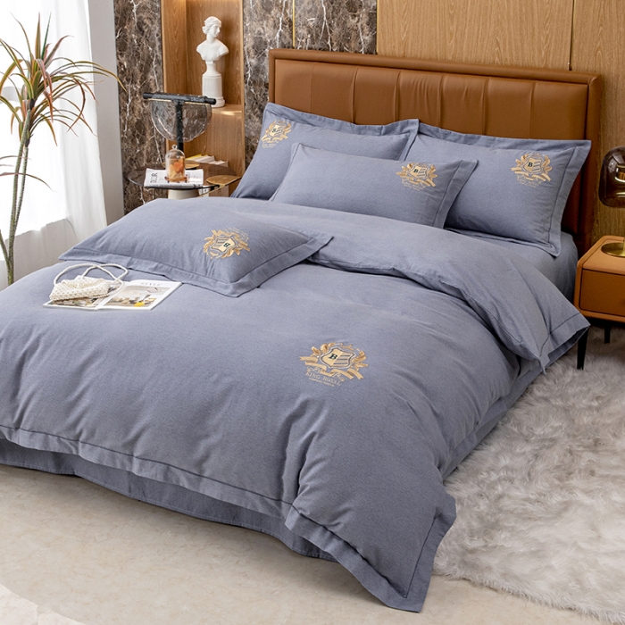 91家纺网 家纺一手货源 找家纺 纽缦 2022新款纯棉磨毛刺绣床单款四件套 满朝欢-高级灰