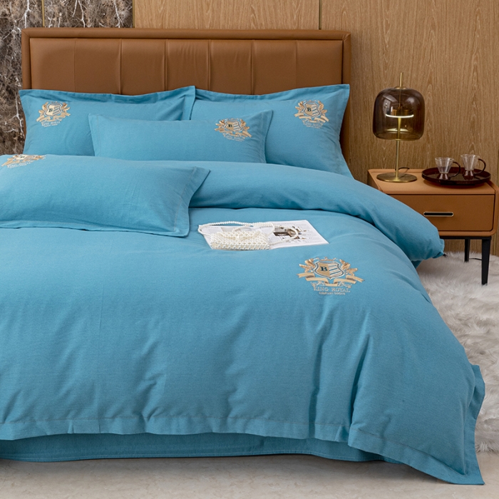 91家纺网 家纺一手货源 找家纺 纽缦 2022新款纯棉磨毛刺绣床单款四件套 满朝欢-孔雀蓝