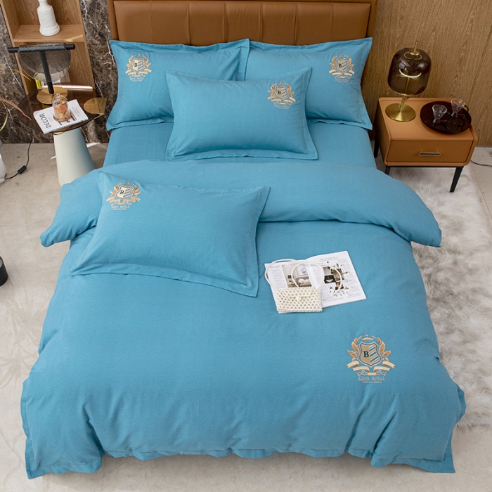 91家纺网 家纺一手货源 找家纺 纽缦 2022新款纯棉磨毛刺绣床单款四件套 满朝欢-孔雀蓝