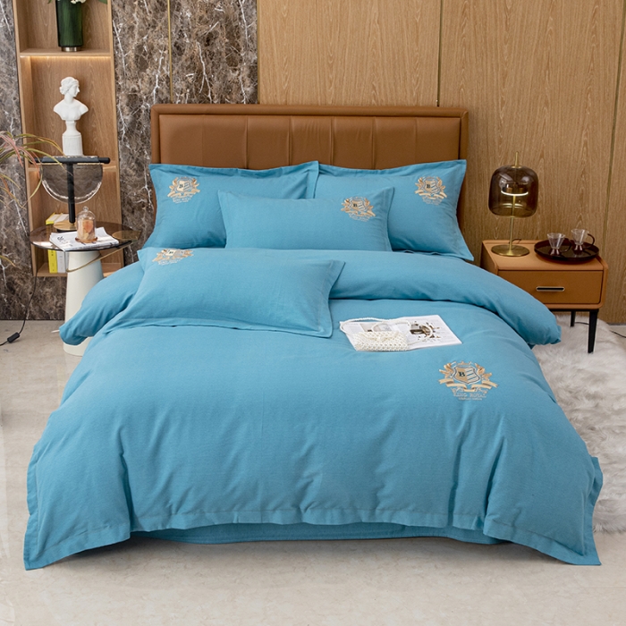 91家纺网 家纺一手货源 找家纺 纽缦 2022新款纯棉磨毛刺绣床单款四件套 满朝欢-孔雀蓝