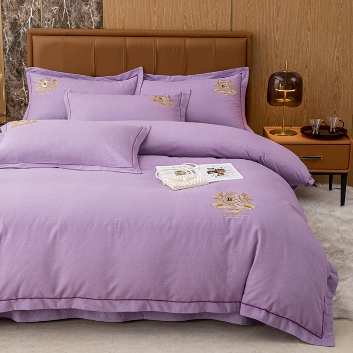 91家纺网 家纺一手货源 找家纺 纽缦 2022新款纯棉磨毛刺绣床单款四件套 满朝欢-梦幻紫