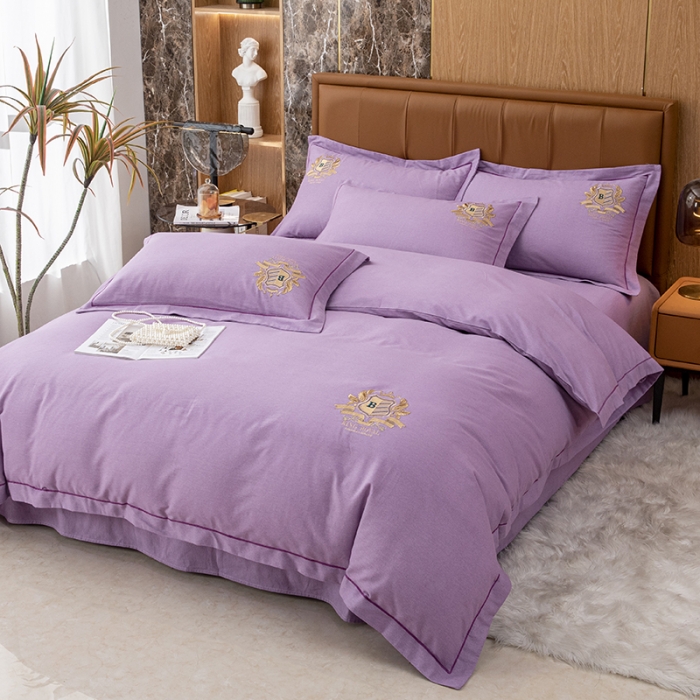 91家纺网 家纺一手货源 找家纺 纽缦 2022新款纯棉磨毛刺绣床单款四件套 满朝欢-梦幻紫