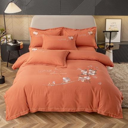 纽缦 2022新款纯棉磨毛刺绣床单款四件套 醉花阴-爱马橙