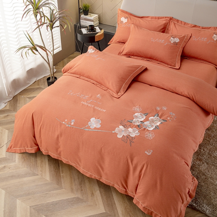 91家纺网 家纺一手货源 找家纺 纽缦 2022新款纯棉磨毛刺绣床单款四件套 醉花阴-爱马橙