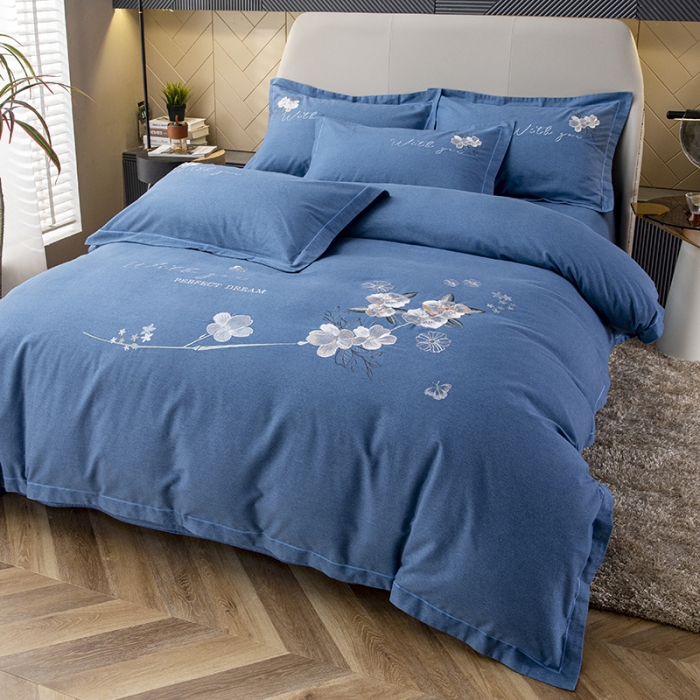 91家纺网 家纺一手货源 找家纺 纽缦 2022新款纯棉磨毛刺绣床单款四件套 醉花阴-宝石蓝