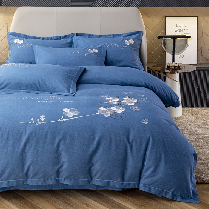 91家纺网 家纺一手货源 找家纺 纽缦 2022新款纯棉磨毛刺绣床单款四件套 醉花阴-宝石蓝