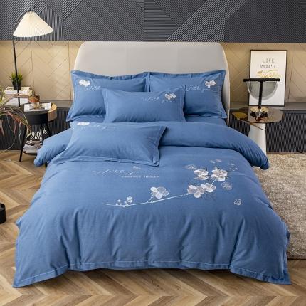 纽缦 2022新款纯棉磨毛刺绣床单款四件套 醉花阴-宝石蓝