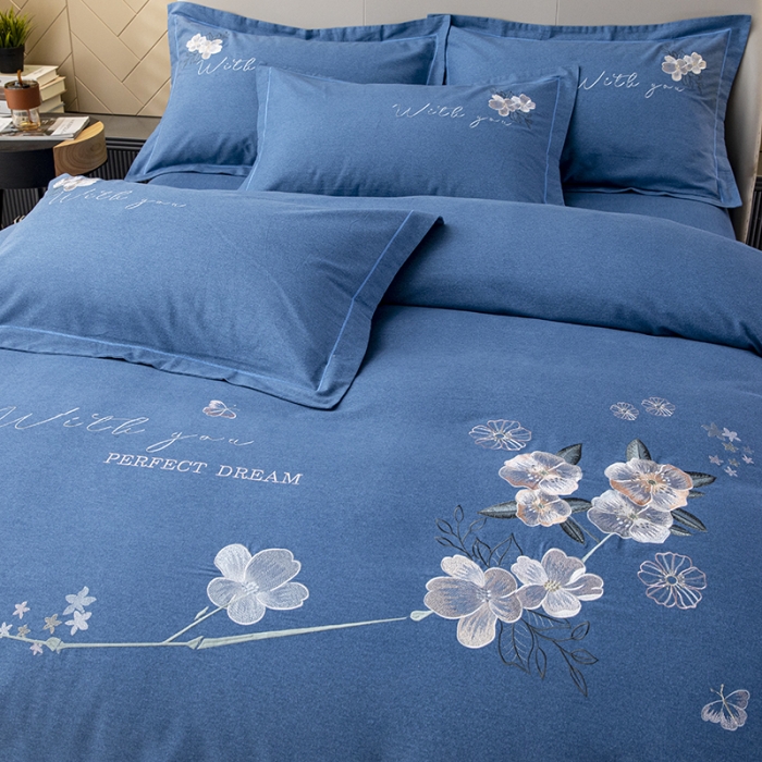 91家纺网 家纺一手货源 找家纺 纽缦 2022新款纯棉磨毛刺绣床单款四件套 醉花阴-宝石蓝