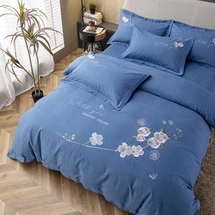 91家纺网 家纺一手货源 找家纺 纽缦 2022新款纯棉磨毛刺绣床单款四件套 醉花阴-宝石蓝