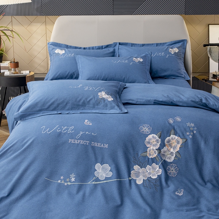 91家纺网 家纺一手货源 找家纺 纽缦 2022新款纯棉磨毛刺绣床单款四件套 醉花阴-宝石蓝