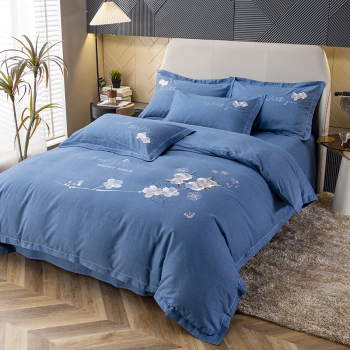 91家纺网 家纺一手货源 找家纺 纽缦 2022新款纯棉磨毛刺绣床单款四件套 醉花阴-宝石蓝