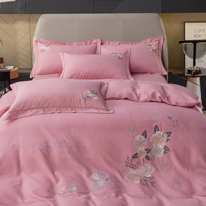 91家纺网 家纺一手货源 找家纺 纽缦 2022新款纯棉磨毛刺绣床单款四件套 醉花阴-豆沙粉