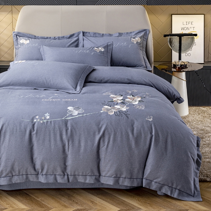 91家纺网 家纺一手货源 找家纺 纽缦 2022新款纯棉磨毛刺绣床单款四件套 醉花阴-高级灰