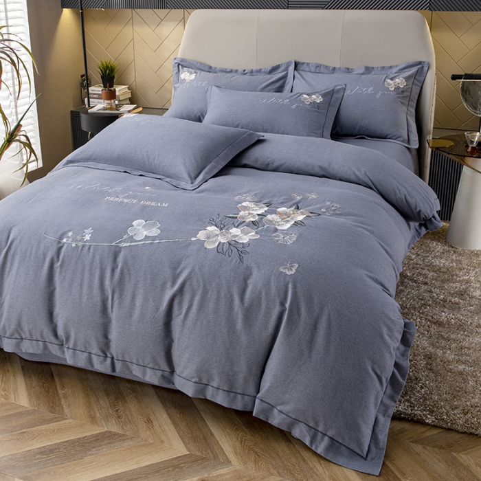 91家纺网 家纺一手货源 找家纺 纽缦 2022新款纯棉磨毛刺绣床单款四件套 醉花阴-高级灰