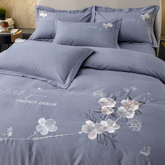 91家纺网 家纺一手货源 找家纺 纽缦 2022新款纯棉磨毛刺绣床单款四件套 醉花阴-高级灰