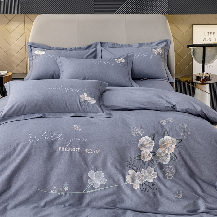 91家纺网 家纺一手货源 找家纺 纽缦 2022新款纯棉磨毛刺绣床单款四件套 醉花阴-高级灰