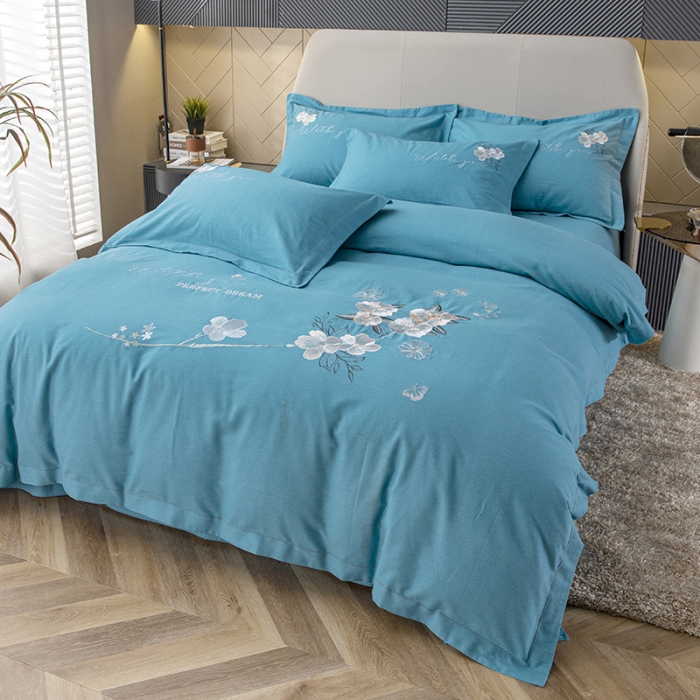 91家纺网 家纺一手货源 找家纺 纽缦 2022新款纯棉磨毛刺绣床单款四件套 醉花阴-孔雀蓝