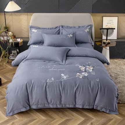 纽缦 2022新款纯棉磨毛刺绣床单款四件套 醉花阴-高级灰