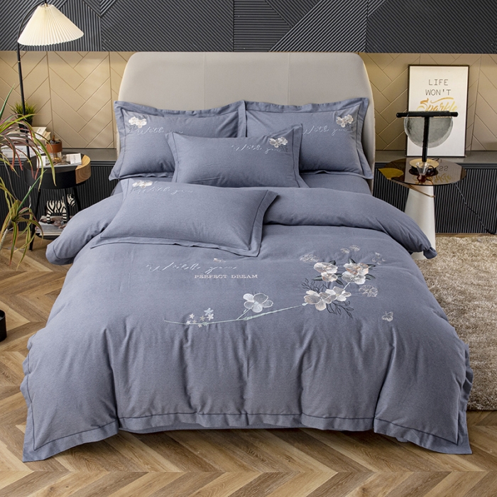 91家纺网 家纺一手货源 找家纺 纽缦 2022新款纯棉磨毛刺绣床单款四件套 醉花阴-高级灰