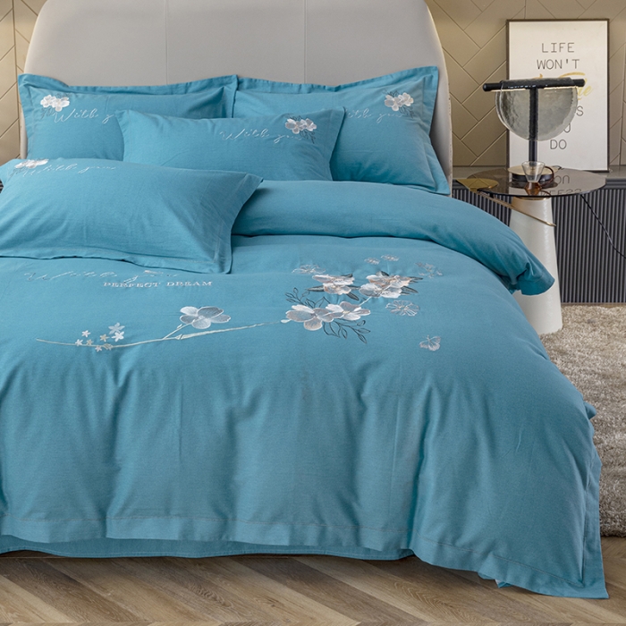 91家纺网 家纺一手货源 找家纺 纽缦 2022新款纯棉磨毛刺绣床单款四件套 醉花阴-孔雀蓝