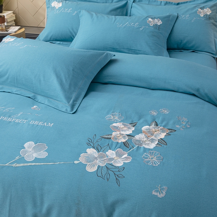 91家纺网 家纺一手货源 找家纺 纽缦 2022新款纯棉磨毛刺绣床单款四件套 醉花阴-孔雀蓝