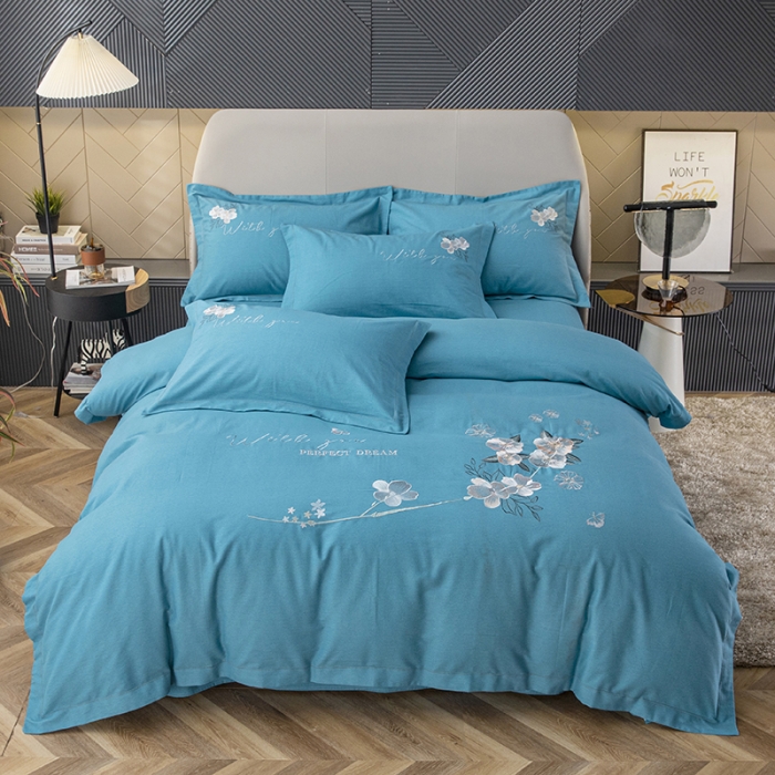 91家纺网 家纺一手货源 找家纺 纽缦 2022新款纯棉磨毛刺绣床单款四件套 醉花阴-孔雀蓝