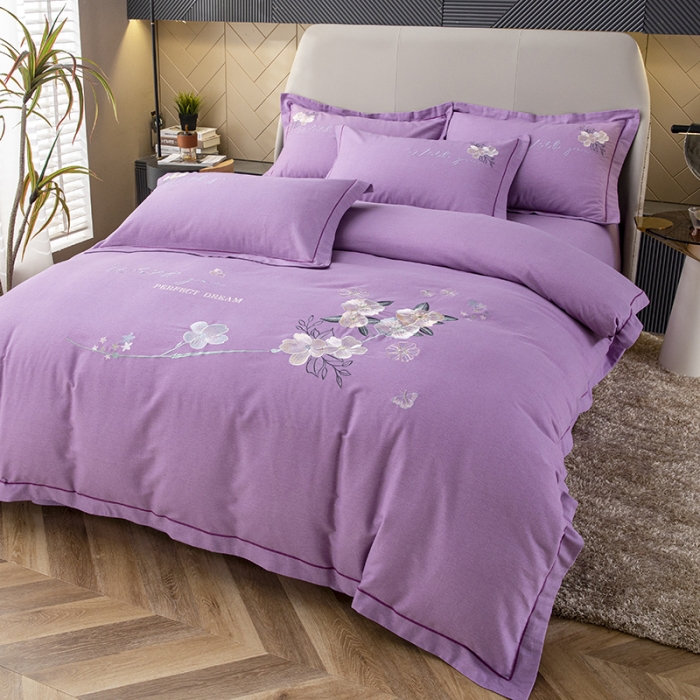 91家纺网 家纺一手货源 找家纺 纽缦 2022新款纯棉磨毛刺绣床单款四件套 醉花阴-梦幻紫