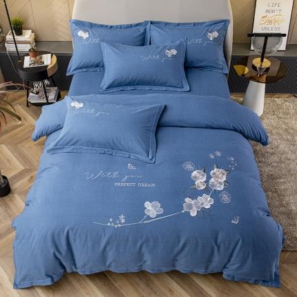 91家纺网 家纺一手货源 找家纺 （总）纽缦 2022新款纯棉加厚纯色绣花款床笠四件套