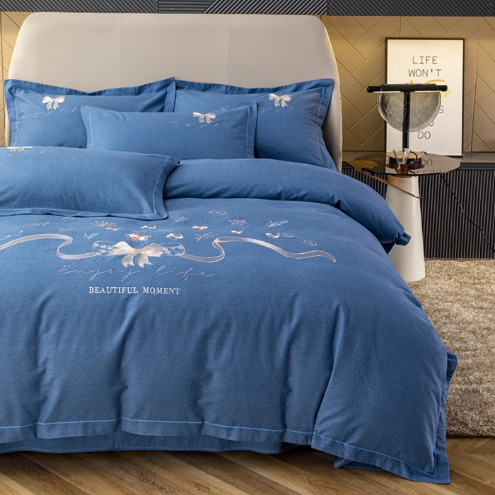 91家纺网 家纺一手货源 找家纺 纽缦 2022新款纯棉加厚纯色绣花款床笠四件套 蝶恋花宝石蓝