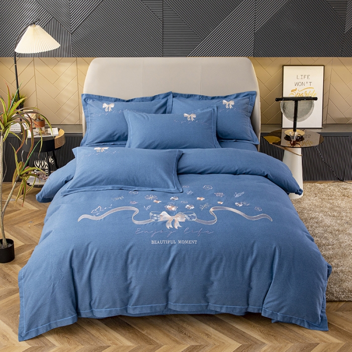 91家纺网 家纺一手货源 找家纺 纽缦 2022新款纯棉加厚纯色绣花款床笠四件套 蝶恋花宝石蓝