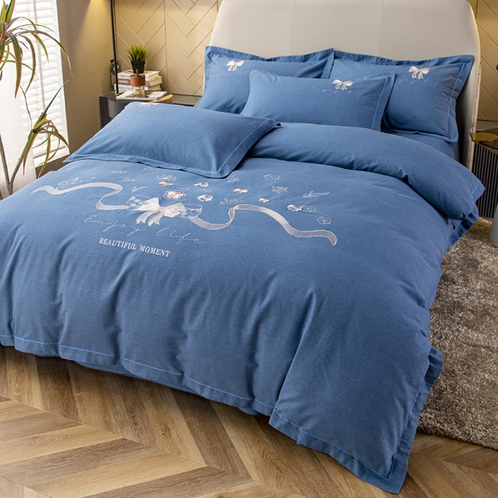 91家纺网 家纺一手货源 找家纺 纽缦 2022新款纯棉加厚纯色绣花款床笠四件套 蝶恋花宝石蓝