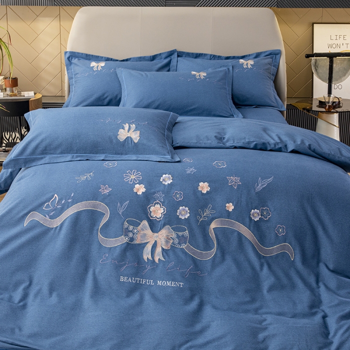 91家纺网 家纺一手货源 找家纺 纽缦 2022新款纯棉加厚纯色绣花款床笠四件套 蝶恋花宝石蓝
