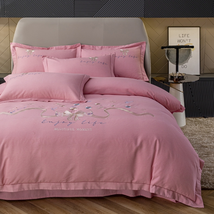 91家纺网 家纺一手货源 找家纺 纽缦 2022新款纯棉加厚纯色绣花款床笠四件套 蝶恋花豆沙粉