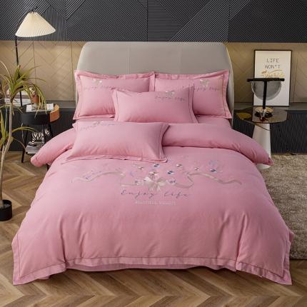 纽缦 2022新款纯棉加厚纯色绣花款床笠四件套 蝶恋花豆沙粉