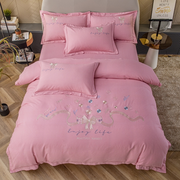 91家纺网 家纺一手货源 找家纺 纽缦 2022新款纯棉加厚纯色绣花款床笠四件套 蝶恋花豆沙粉