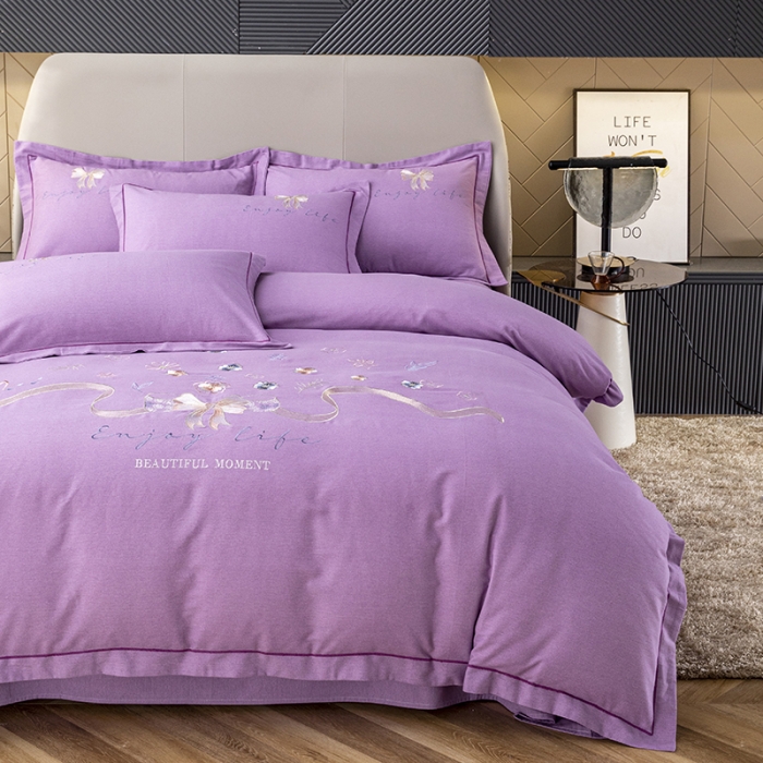 91家纺网 家纺一手货源 找家纺 纽缦 2022新款纯棉加厚纯色绣花款床笠四件套 蝶恋花梦幻紫