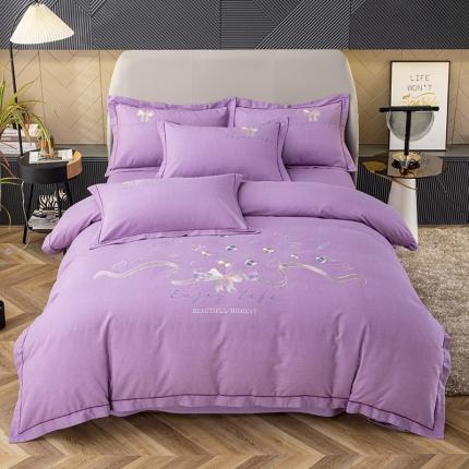 纽缦 2022新款纯棉加厚纯色绣花款床笠四件套 蝶恋花梦幻紫