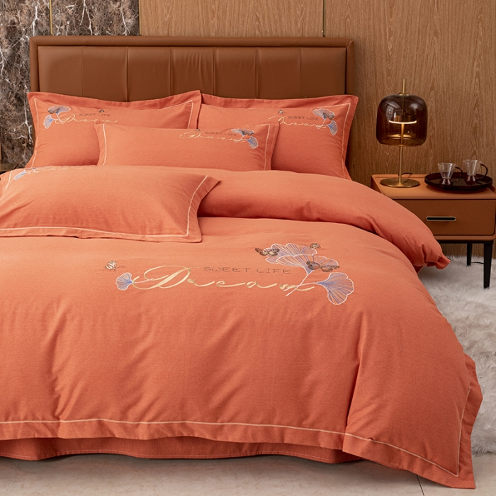 91家纺网 家纺一手货源 找家纺 纽缦 2022新款纯棉加厚纯色绣花款床笠四件套 锦园春爱马橙