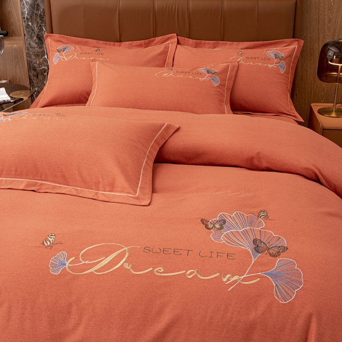 91家纺网 家纺一手货源 找家纺 纽缦 2022新款纯棉加厚纯色绣花款床笠四件套 锦园春爱马橙