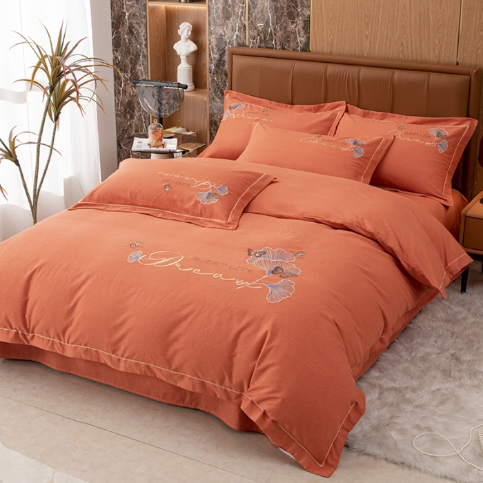 91家纺网 家纺一手货源 找家纺 纽缦 2022新款纯棉加厚纯色绣花款床笠四件套 锦园春爱马橙