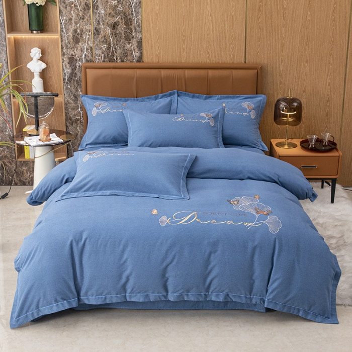 91家纺网 家纺一手货源 找家纺 纽缦 2022新款纯棉加厚纯色绣花款床笠四件套 锦园春宝石蓝