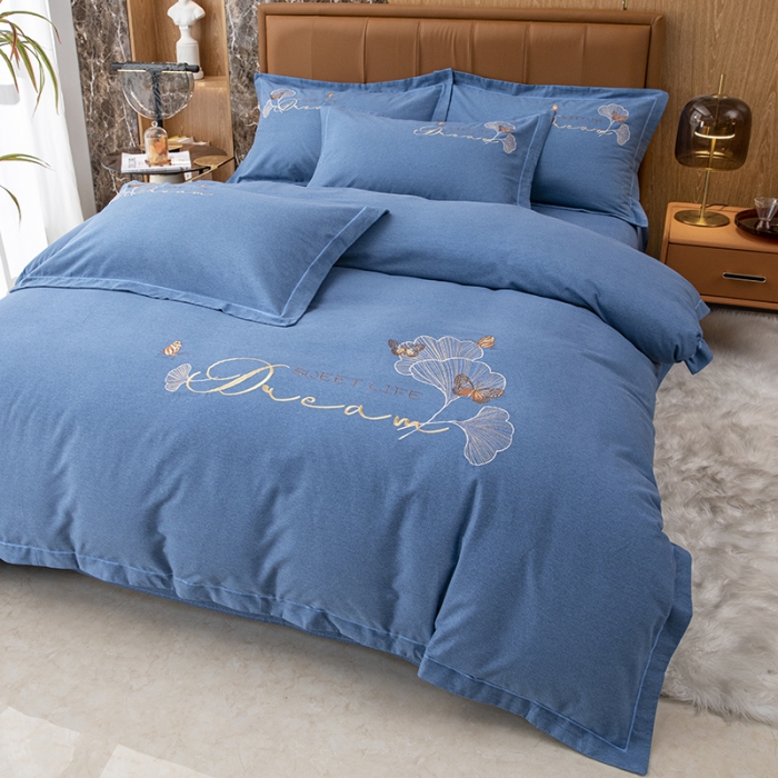 91家纺网 家纺一手货源 找家纺 纽缦 2022新款纯棉加厚纯色绣花款床笠四件套 锦园春宝石蓝