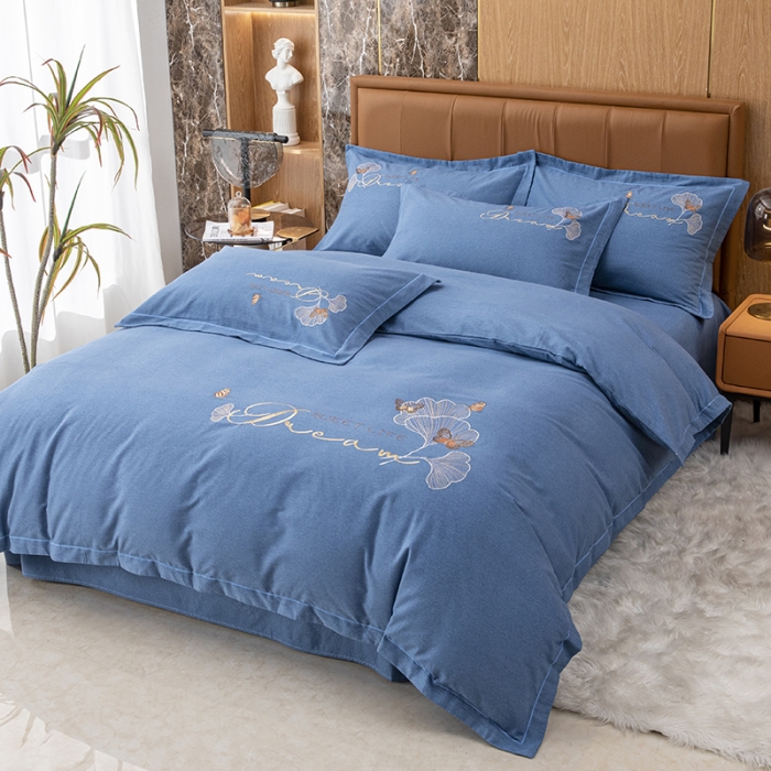 91家纺网 家纺一手货源 找家纺 纽缦 2022新款纯棉加厚纯色绣花款床笠四件套 锦园春宝石蓝