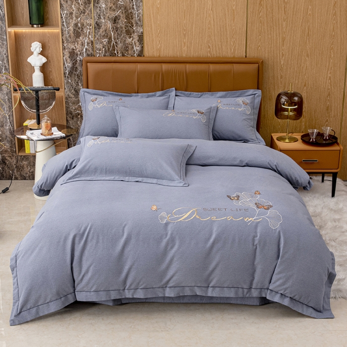 91家纺网 家纺一手货源 找家纺 纽缦 2022新款纯棉加厚纯色绣花款床笠四件套 锦园春高级灰