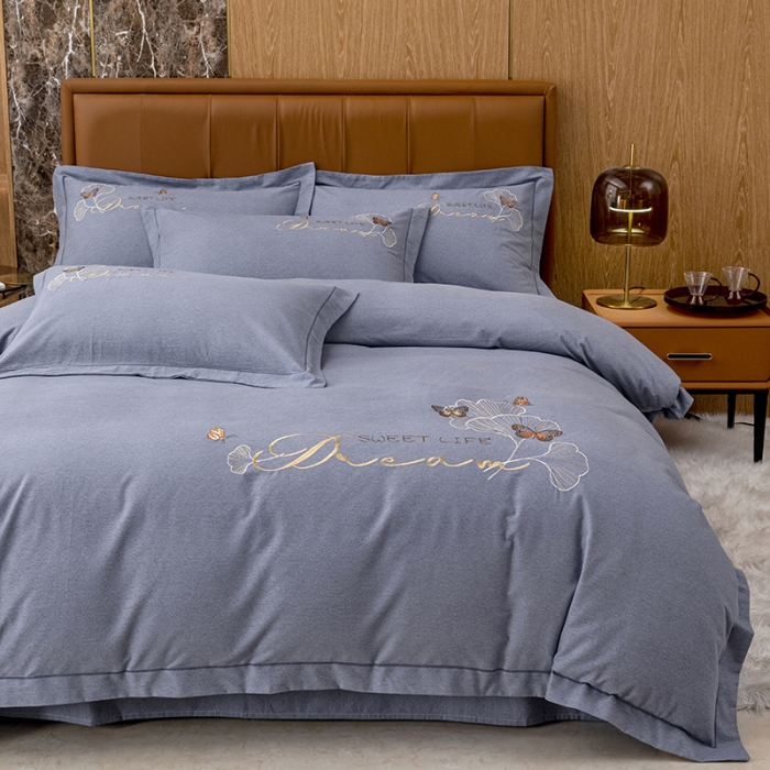 91家纺网 家纺一手货源 找家纺 纽缦 2022新款纯棉加厚纯色绣花款床笠四件套 锦园春高级灰